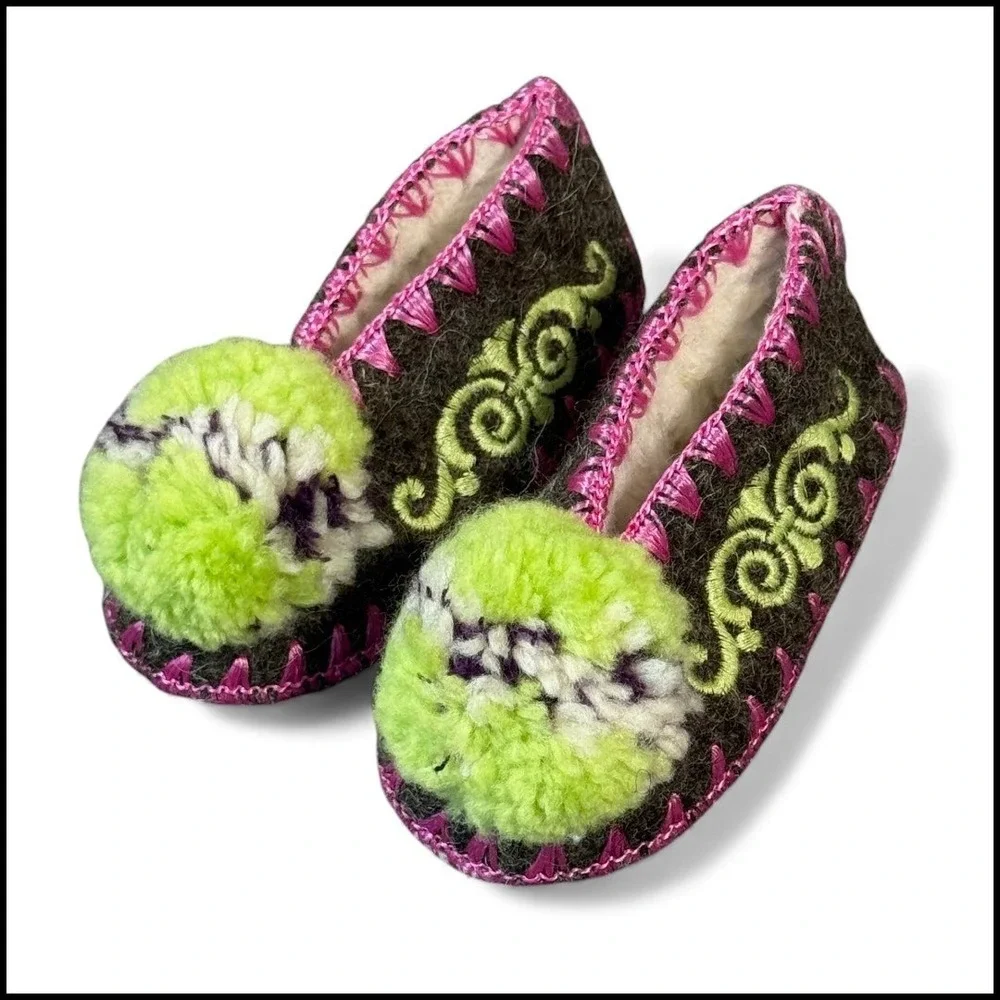 Karagiannis‎ Handmade Traditional Greek Wool Slipper Baby Purple Green UK 3 Gift